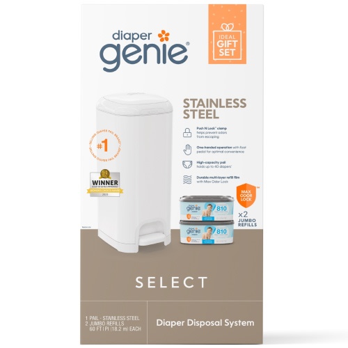 Diaper Genie Select Gift Set,White,Stainless Steel,1 Diaper Pail,2 Jumbo Square Refills-1620 Ct