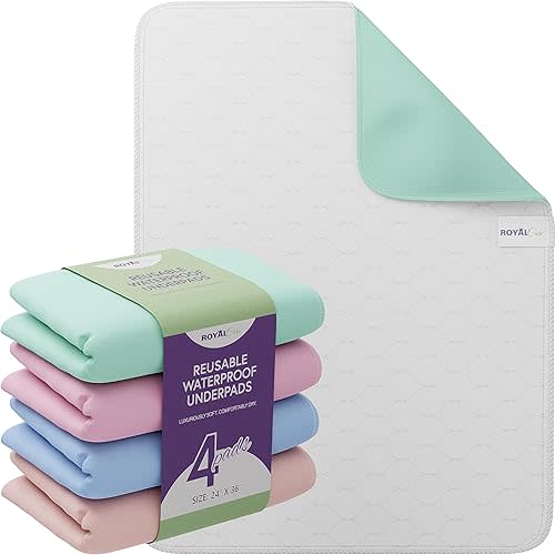 Incontinence Bed Pads - 4 Pack 24” x 36” Reusable Waterproof Mattress Protectors - Highly Absorbent, Machine Washable - for Children, Pets and Seniors - Assorted Colors - Royal Care