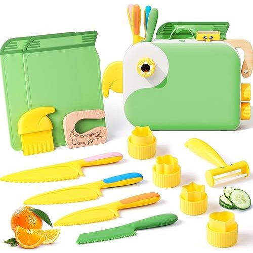 Toddler Cooking Set with Storage Box-Kids Kitchen Set,Safe PP Material Montessori Kitchen Tools for Real Cooking,Dishwasher Safe,Fun Bird-Shaped Organizer Toddler Knife Set