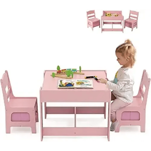 LDAILY Kids Table and Chair, 3 in 1 Wooden Kids Table with Storage Drawer, Removable Blackboard, Reversible Tabletop, Toddler Table and Chair Set for Drawing, Reading (Pink)