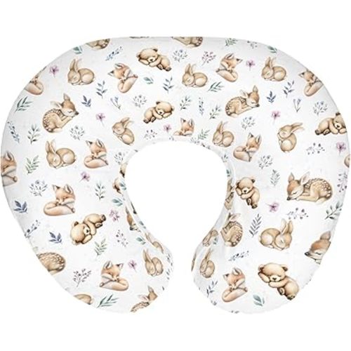Sleeping Spring Animals Nursing Pillow Covers for Boy Girl Bear Deer Bunny Floral Leaves Nursery Pillow Slipcover for Breastfeeding Pillows Soft Stretchy Cover for Newborn Infant
