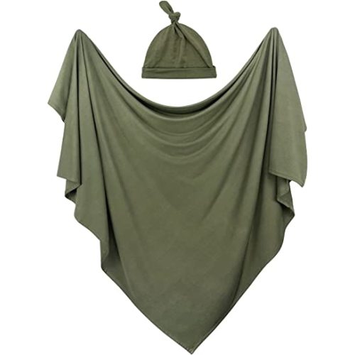 OWLOWLA Swaddle Blanket and Hat Set Newborn Swaddle Wrap Baby Receiving Blanket for Baby Boys Girls(Olive)