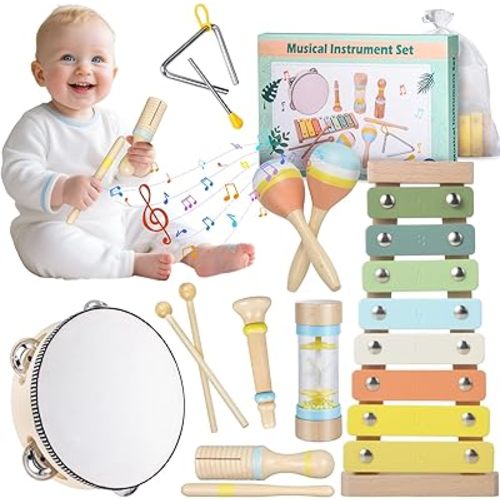 Wooden Toddler Musical Instruments Set - Montessori Toys for 1 2 3 Year Old,Baby Musical Toys with Storage Bag, Early Learning Toys for Baby Shower Birthday Gift (Non-Toxic)