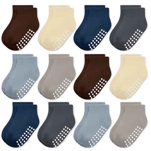 JAKIDAR 12-Pair Baby Socks Non-Slip Cotton Toddler Socks Ankle Socks for Baby Toddler Kids
