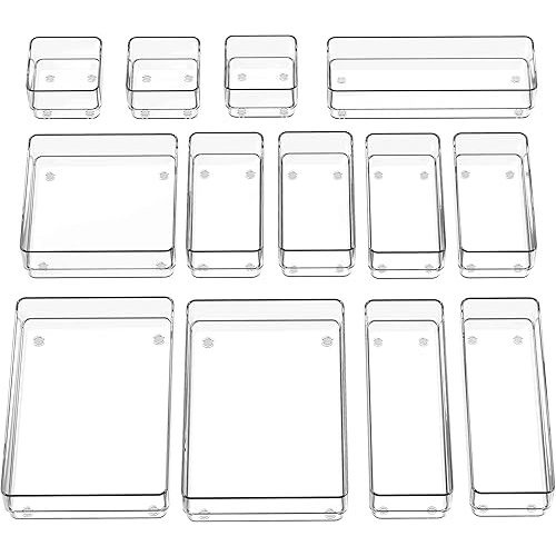 SMARTAKE 13-Piece Drawer Organizer with Non-Slip Silicone Pads, 5-Size Desk Drawer Organizer Trays Storage Tray for Makeup, Jewelries, Utensils in Bedroom Dresser, Office and Kitchen (Clear)