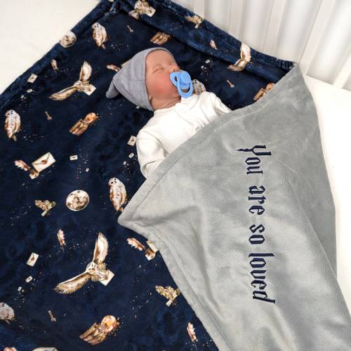 personalized baby blanket, little wizard gift, customized hp wizard swaddle, magic owl plaid, newborn baby gift, wizarding school nursery