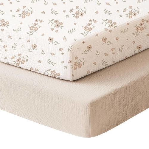 Konssy Muslin Mini Crib Sheets, 100% Soft Cotton Pack and Play Sheets for Pack N Play Mattress, Playard Baby Crib Sheets for Baby Girls(Blossom, Cream)