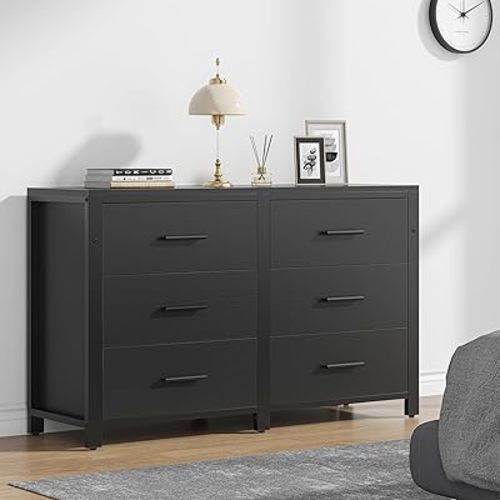 6 Drawer Black Dresser for Bedroom, Industrial Wood Chests of Drawers with Sturdy Steel Frame, Dresser for Bedroom Wood
