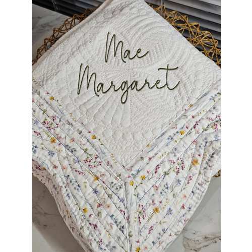 Monogram baby quilt, floral trim baby quilt, girl baby shower gift, personalized girl baby gift, keepsake baby gift