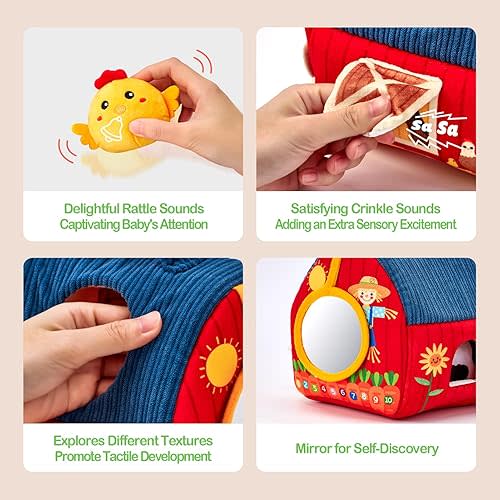 hahaland Baby Toys 6-12 Months - Surprise Barn with Stuffed Farm Animals, Rattle, Crinkle Paper, Mirror - Busy Montessori Toys for Babies, Sensory Toys for Toddlers 1-3 - Baby Stocking Stuffers Gifts
