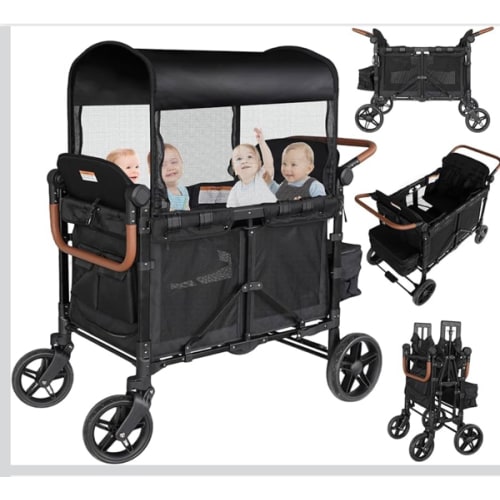 4-Seater Wagon Stroller for 4 Kids, Collapsible Push-Pull Stroller with Adjustable Handle, Removable Canopy & Safety Harness, 330LBS Capacity, All-Terrain for Camping & Outdoor Adventures