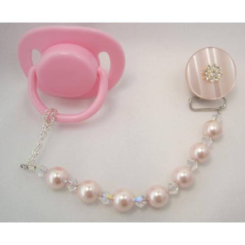 Pink Pacifier clip with Big Pearls and European Crystals (CPCP)
