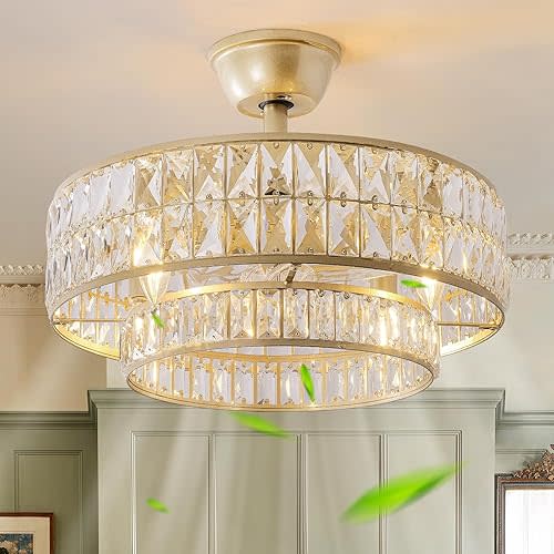 Gold Fandelier Ceiling Fan with Light,20" Crystal Chandelier Ceiling Fans with Lights and Remote Control,Modern Caged Flush Mount Fandelier with 6 Speeds for Living Room Bedroom Nursery