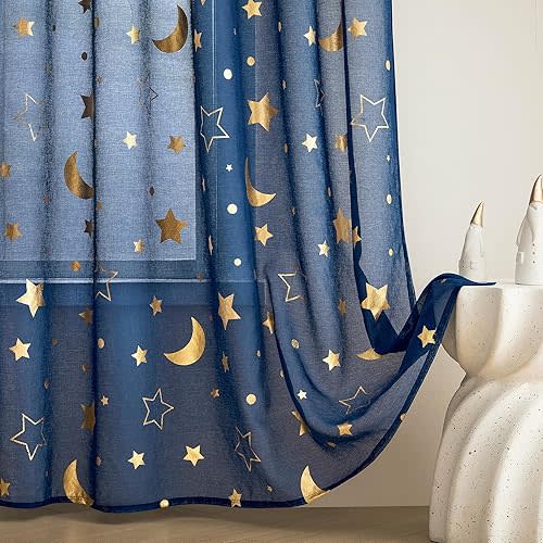WUBODTI Navy Blue Star Sheer Curtains for Kids Room Nursery 84 Inches Long，Gold Star and Moon Patterned Semi Sheer Faux Linen Boys Curtains Rod Pocket Light Filtering Curtain Drapes 2 Panels