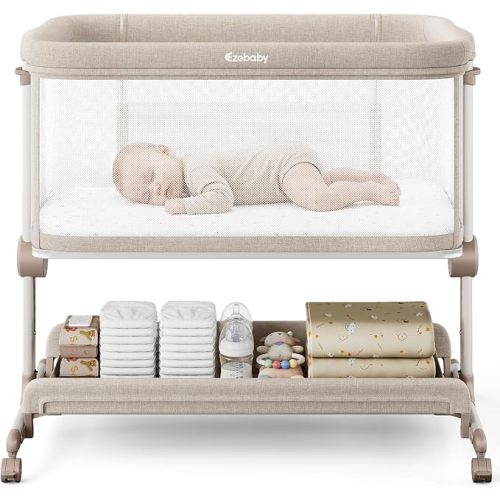 Ezebaby Baby Bassinets Bedside Sleeper, Portable Bedside Bassinet for Baby Newborn Infants with Adjustable 7 Heights and All Mesh Sides, Newborn Crib with Mattress and Soft, Breathable Sheet | Baby bassinets