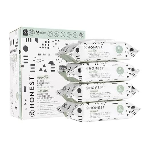 The Honest Company Clean Conscious Unscented Wipes | Over 99% Water, Compostable, Plant-Based, Baby Wipes | Hypoallergenic for Sensitive Skin, EWG Verified | Pattern Play, 288 Count - 72 Count (Pack of 4)