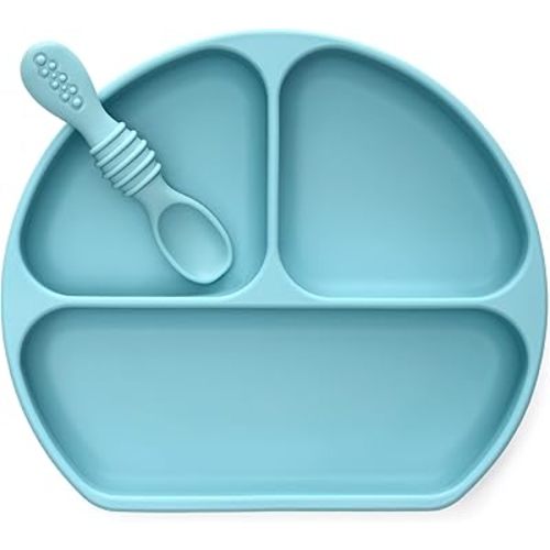 PrimaStella Unbreakable Silicone Non-Slip Baby & Toddler Plate and Spoon Feeding Set - Pacific Blue