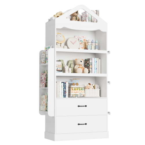 Homfa 71'' Tall Kids Bookcase with 2 Drawers & 3-Tier Shelves, Wooden Triangular Top Bookshelf with Side Book Racks for Kids Room, White