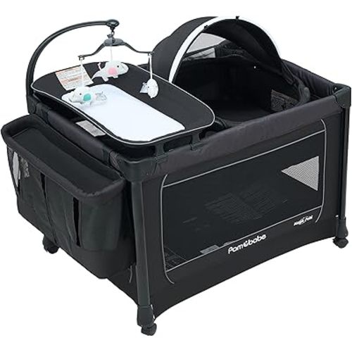 Pamo Babe 4-in-1 Baby Playard, Deluxe Magic Fold Nursery Center with Detachable Bassinet, Play Yard with Zip Door & Changing Table & Mobile
