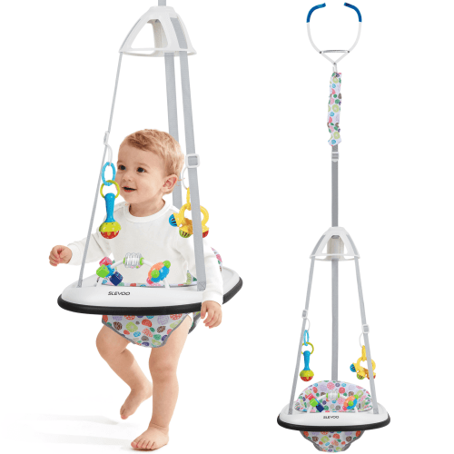 Slevoo Baby Doorway Jumper Baby Bouncer with Bumper, Two Jingle Rattles & Play Tray, Joyful Bubbles