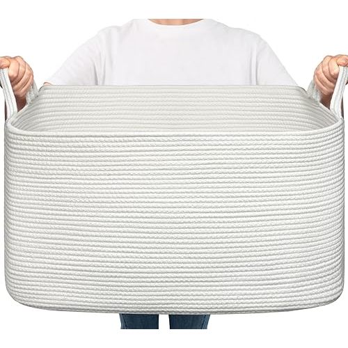 Goodpick Large Blanket Basket Living Room, Storage Baskets for Organizing, Woven Rope Laundry Basket for Toy Storage, 21.6" x 14.9" x 11.8", White