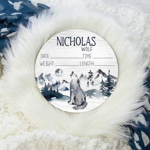 Wolf Birth Stat Sign, Round Wood Birth Stat Sign, Wolf Nursery, Mountain Howling Wolf Birth Sign, Personalized Birth Stat Sign M25