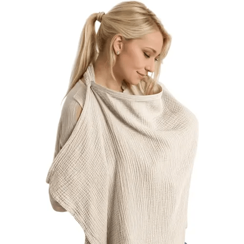 Muslin Cotton Nursing Cover Up for Baby Breastfeeding, Breathable & Soft Privacy Breastfeeding Cover with Arch Neckline for Mom and Baby, Multi-use Adjustable for Mother Nursing Apron