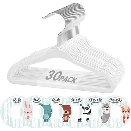 VIS'V Baby Hangers, 11 Inch Velvet Kids Hangers with 6 Pcs Clothes Size Dividers, Infant Toddler Nursery Closet Organization, Non Slip, White, 30 Pcs