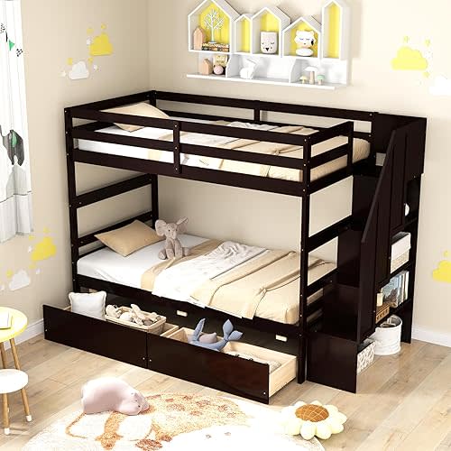 KOMFOTT Wood Twin Over Twin Bunk Bed with Storage Drawers & Stairs, Bunk Beds with Bookcase & Safety Guardrail, Solid Wood Slatted Bunk Bed for Kids Teens Adults, No Box Spring Needed (Espresso)
