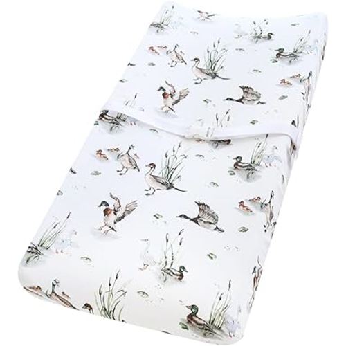 LifeTree Muslin Changing Pad Cover for Baby Girls Boys, 70% Viscose from Bamboo and 30% Cotton, 16"x32" Diaper Change Table Pad Covers, Soft Changing Pad Sheets, MallardDuck Pattern