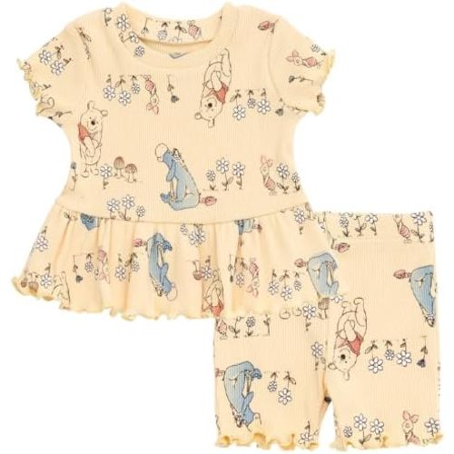 Disney Junior Ribbed Peplum T-Shirt and Bike Shorts Outfit Set Newborn to Big Kid Sizes (0-3 Months - 14-16)