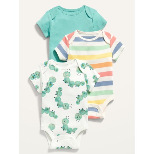 3-Pack Short-Sleeve Bodysuit for Baby in Teal/Stripes/Caterpillar, size: 3-6 M