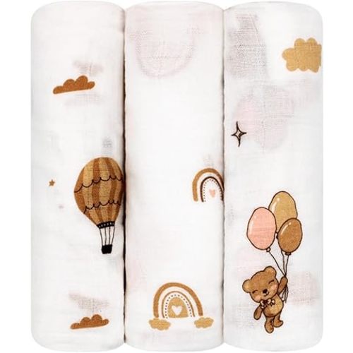 100% Muslin Cotton Baby Receiving Cloths, 3-Pack, 27x27 in (70x70cm), Soft & Gentle for Newborns, Sensitive Skin Safe, For Feeding, Burping & Comfort, 0+ Months (Teddy Bear/Rainbow/Hot Air Balloon)