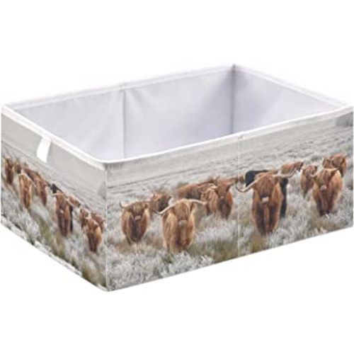linqin Scottish Highland Cow Print Rectangle Storage Basket, Foldable Open Storage Bins Baby Nursery Toy Organizing with Handles for Shelves Closet Home Decor