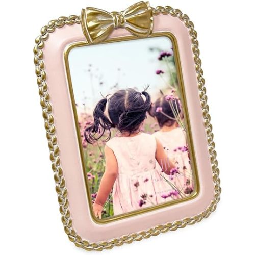Isaac Jacobs 4x6 Blush with Gold Braided Bow Frame for Tabletop and Wall Display, Decorative Design, Tables, Bookshelves, Desks, Home Décor, Photo Gallery, Art (4x6, Blush with Gold)