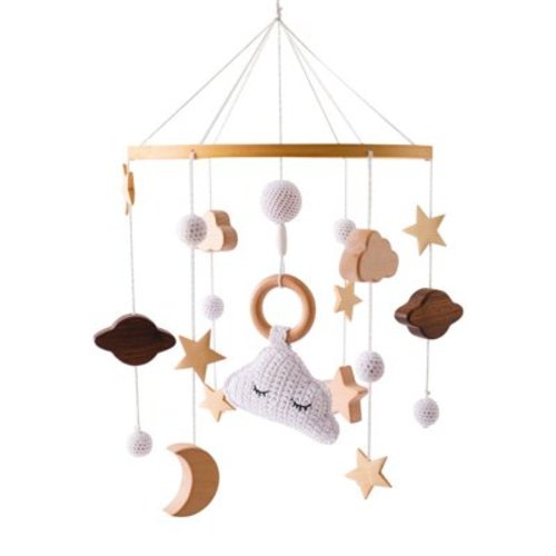 Wooden Baby Rattle Mobile 0-12Month Soft Felt Cartoon Sheep Star Moon Newborn Music Box Hanging Bed Bell Mobile Crib Bracket Toy