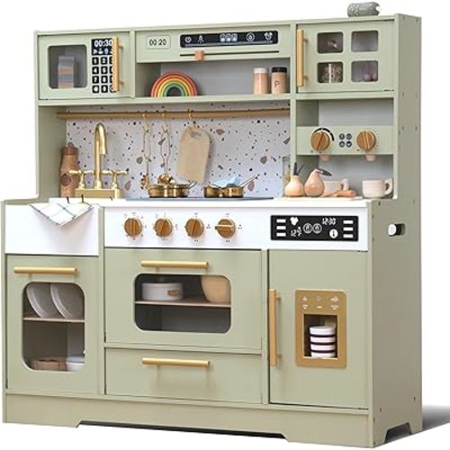 Kids Wooden Play Kitchen Set – Realistic Pretend Play Kitchen with Stove, Sink, Coffee Maker, Ice Maker & 15 Fun Accessories | Montessori-Inspired Toy Kitchen for Toddlers Ages 3+