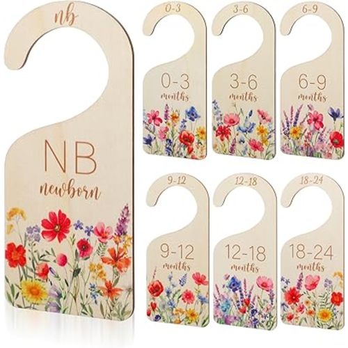 7PCS Baby Closet Dividers Baby Clothes Organizer Wooden Single-Sided Floral Nursery Closet Dividers for Newborn to 24 Months Size Clothes