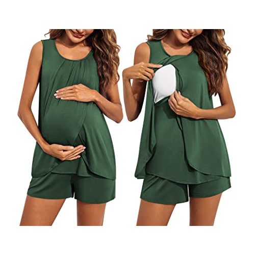 Ekouaer Women Maternity Nursing Pajama Set Breastfeeding Sleepwear Double Layer Sleeveless Top & Shorts Pregnancy PJS