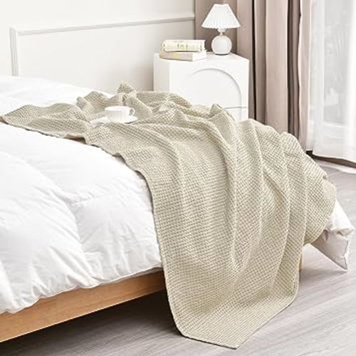 PHF 100% Cotton Waffle Weave Throw Blanket 50" x 60"-Lightweight Washed Soft Breathable Blanket for Adults and Kids-Perfect Blanket Layer for Couch Bed Sofa-Elegant Home Decoration- Linen