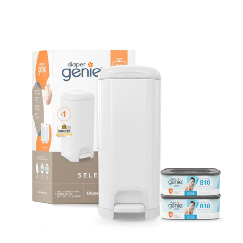 Diaper Genie Select Pail Registry Gift Set (White) | Made of Durable Stainless Steel Metal | Includes 2 Jumbo Refills | Holds 1620 Newborn Diapers