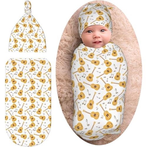 Guitar Music Note Baby Stuff Newborn Baby Swaddle Blanket Wrap Blanket Soft Sleep Sacks with Beanie Hat Sets Gifts for Infant Boys Girls