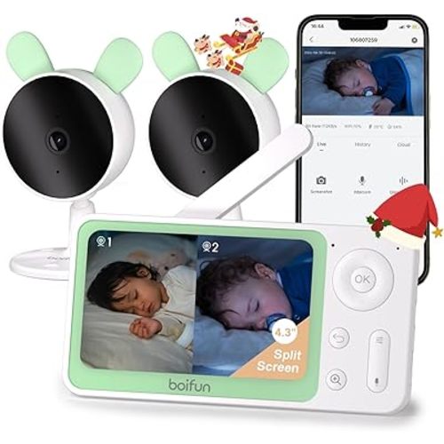 BOIFUN Split Screen Video Baby Monitor WiFi, 2 Cameras, Phone APP Control & LCD Monitor, 4.3'' 4X Zoom, AI Motion & Sound Detection, 1080P Wireless (Moniteur Bébé), Area Alarm, Video Recording