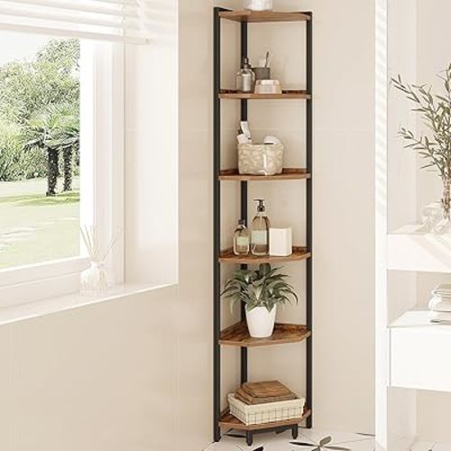 Corner Shelf Stand, Corner Bookshelf, Storage Standing Shelf Unit with Metal Frame, Plant Stand, Corner Bookcase for Living Room, Home Office, Bedroom, 6-Tier Rustic Brown CS06001B