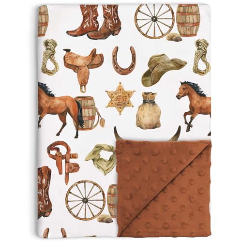 Western Cowboy Baby Blanket for Boys, Horse Theme Toddler Soft Minky Blanket with Double Layer Dotted Backing, Nursery Newborn Baby Crib Receiving My First Rodeo, 30"x40"