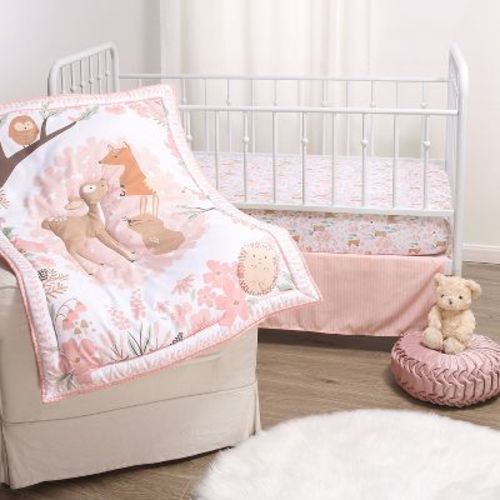 The Peanutshell Fairytale Forest Crib Bedding Set For Baby Girls, 3-piece Nursery Set In Pink|white
