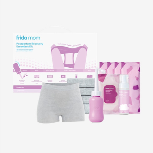 Frida Mom 11pc Postpartum Essentials Kit Gift Set, Hospital Bag Must Haves for New Mom, Includes 4 Disposable Postpartum Underwear, 4 Ice Maxi Pads, Perineal Healing Foam & 24 Pad Liners & Peri Bottle