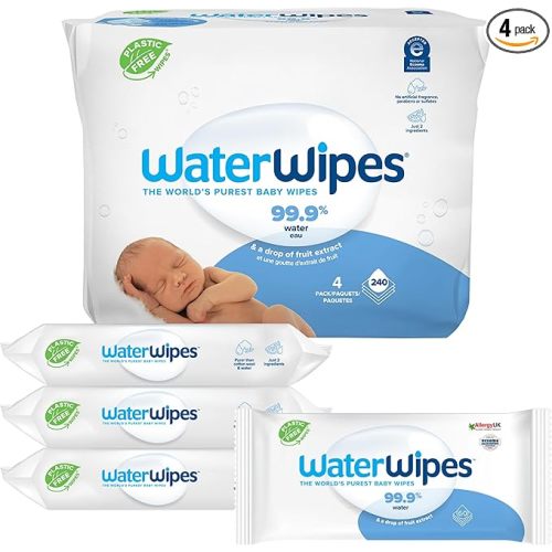WaterWipes Plastic-Free Original Baby Wipes, 99.9% Water Based Wipes, Unscented & Hypoallergenic for Sensitive Skin, 240 Count (4 packs), Packaging May Vary