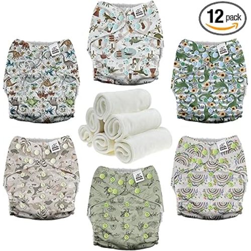 Mama Koala 3.0 Pocket Cloth Diapers for Babies with AWJ Lining, 6 Pack with 6 4-Layer Natural Cloth Diaper Inserts - Reusable and Washable Pocket Diapers(Cute Dinosaurs)