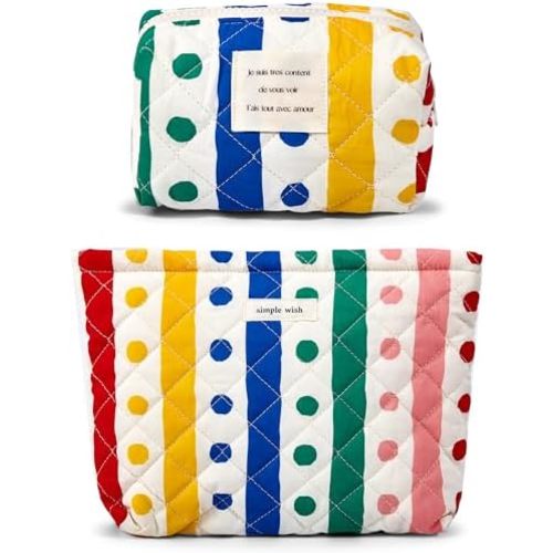 2 Pieces Floral Makeup Bag, Cute Travel Quilted Pouch Cosmetic Bag Organizer, Small Cotton Coquette Aesthetic Purse Toiletry Bag for Women Girls accessories (2PCS-Colored Dots)